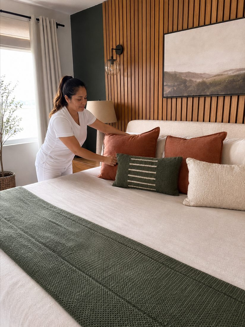 EZClean Pros professional making a bed as part of the cleaning checklist